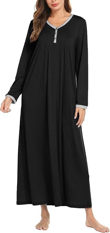 Ekouaer Camisón de manga larga para mujer, ropa de dormir larga, vestido de dormir Henley | Vestido para dormir con estampado floral, camisones largos, vestido de salón para mujer, camisa para dormir suave hasta el suelo, para dormir, uso diario, hogar