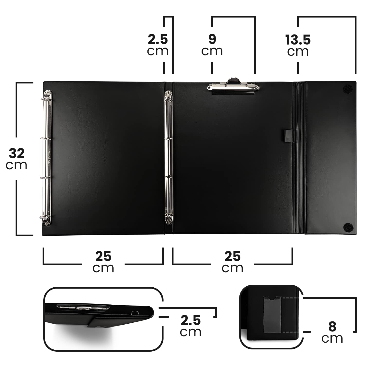 Netuno 1x Dokumentenmappe A4 Schwarz Klemmbrettmappe mit 4 Ring-Mechanik Dokumentenordner Büroordner Briefordner office folder organiser Dokumententasche Aktenmappe Fächermappe Konferenzmappe