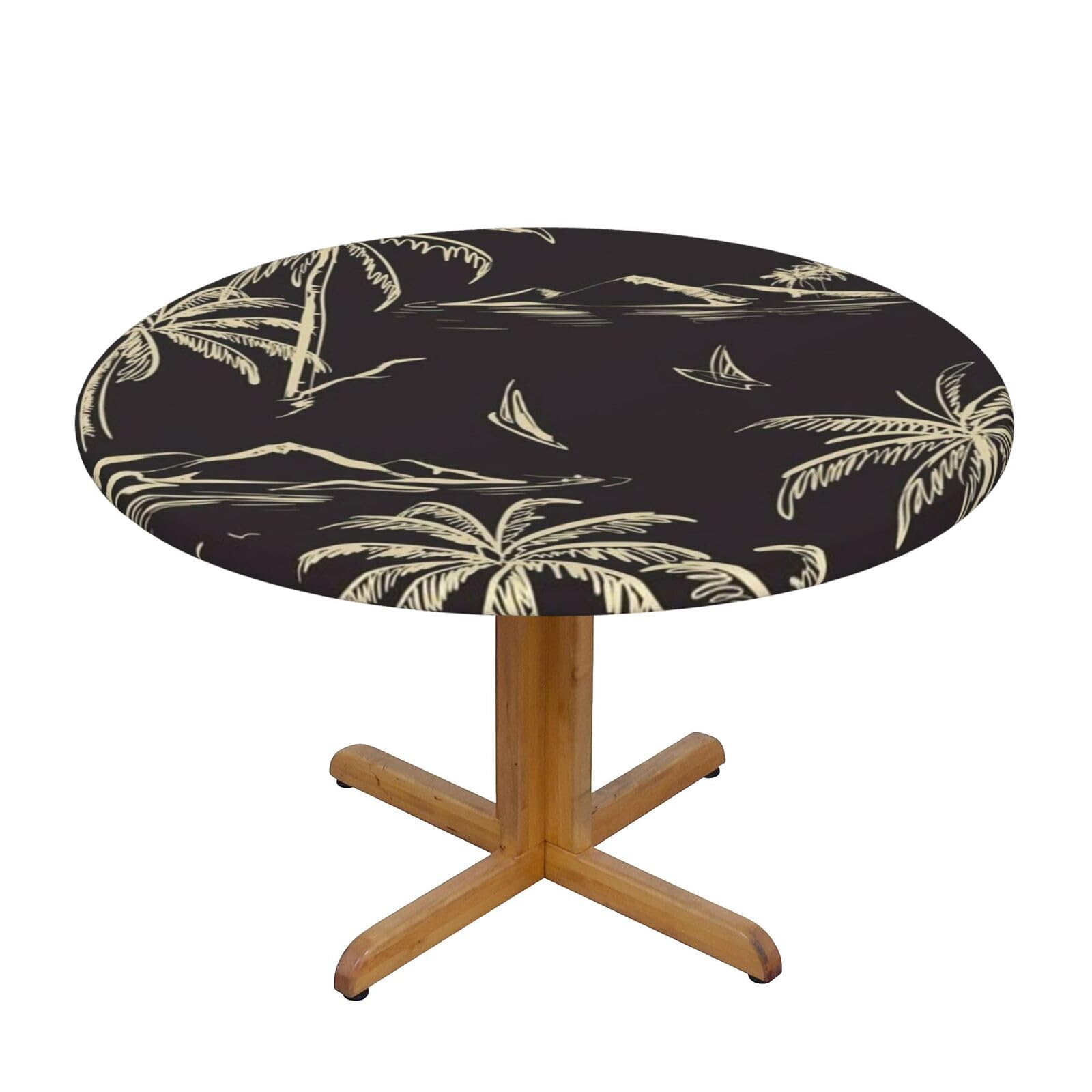Ffshkowe Palm Tree Elastic Round Tablecloth Oil Proof Table Cover For Dining Party Picnic
