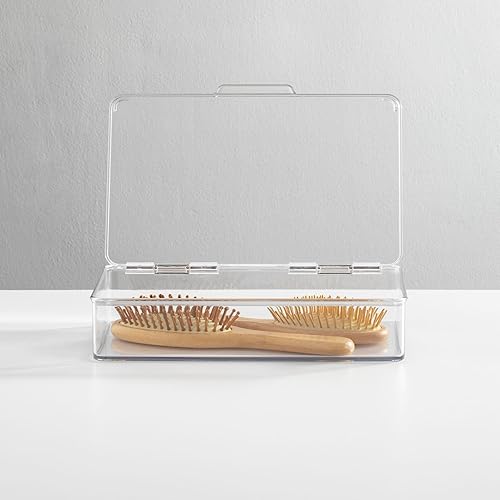 Miniatura 3 de mDesign Organizador de almacenamiento apilable de plástico con tapa con bisagras para baño, gabinete, cajón, debajo del fregadero, organización de