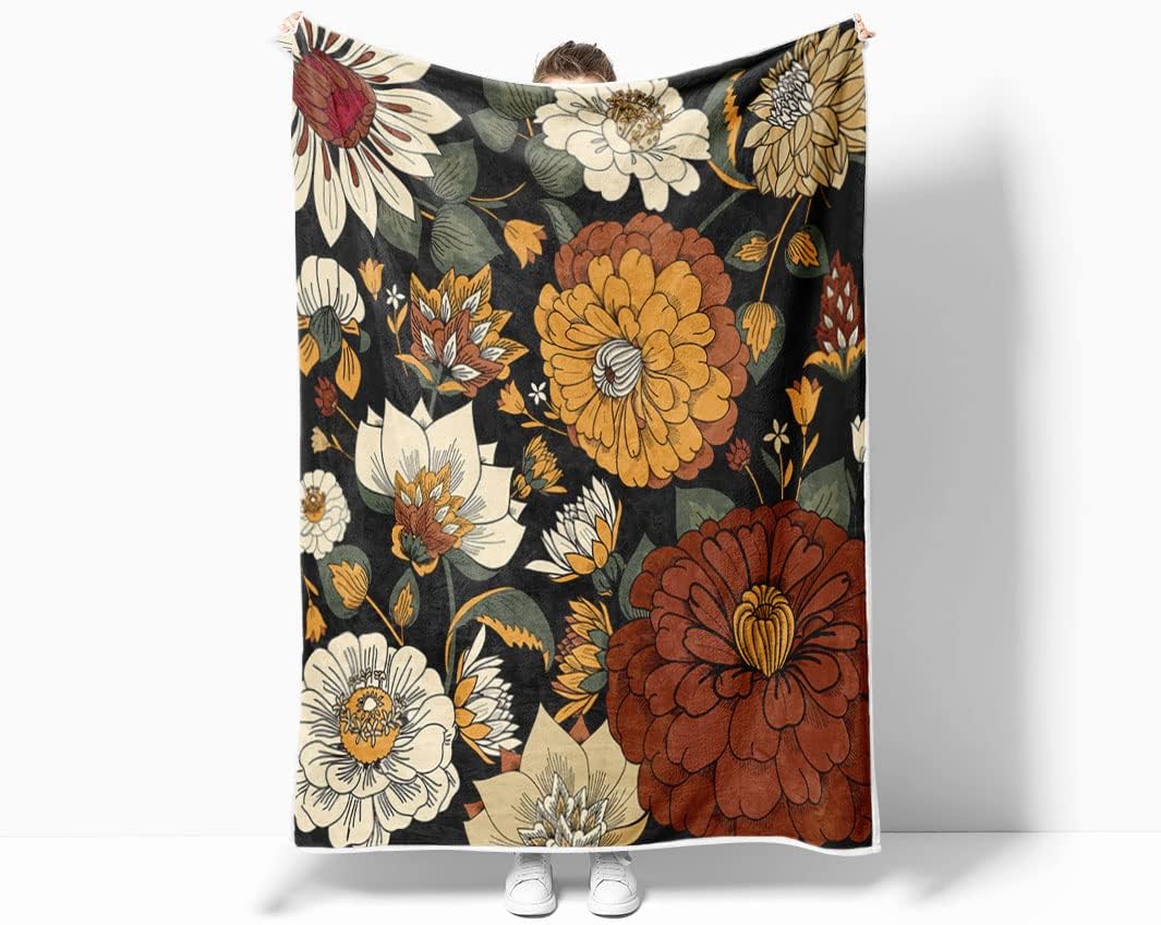 Boho Floral Botanical Throw Blankets, Mid Century Morden Plant Abstract Bohemian Flowers Tropical Leaves Cozy Warm Bed Couch Blanket, White Fleece Flannel Throws to Decorate Room and Bedroom