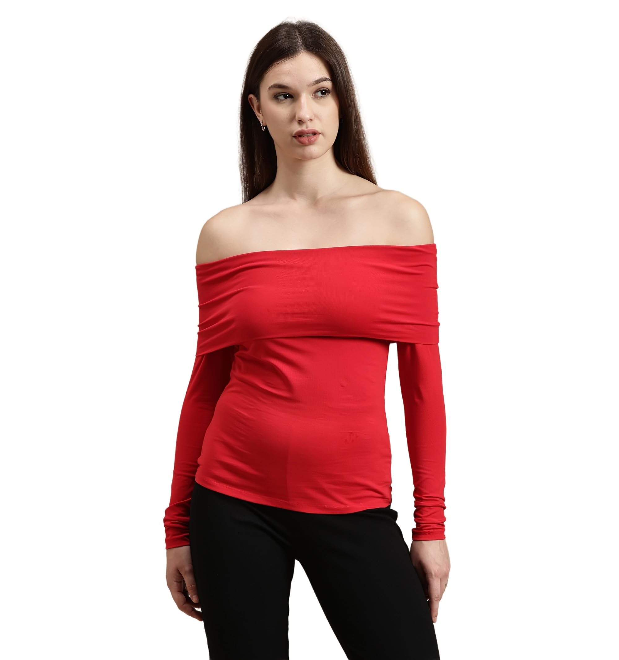 Women Off Shoulder Full Sleeve Top Cotton Knit Slim Fit Casual Pull On Everyday Wear for Jeans Trousers Skirts Comfortable Modern Neckline Stylish Long Sleeve Topwear-picture-19