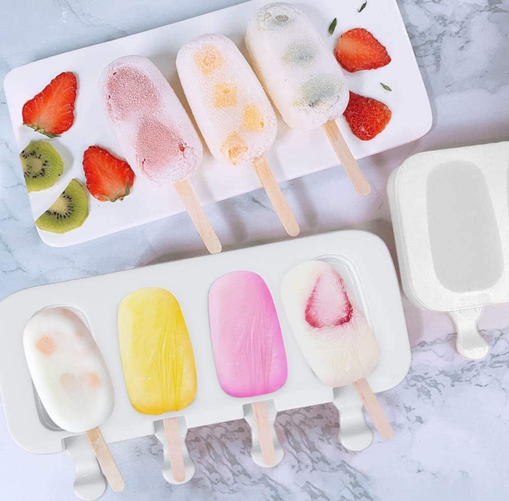 Acerich Popsicle Molds, 2 Pack Ice Pop Molds Silicone 4 Cavities Cake Pop Mold Oval with 50 Wooden Sticks & 50 Parcel Bags for DIY Ice Cream - White