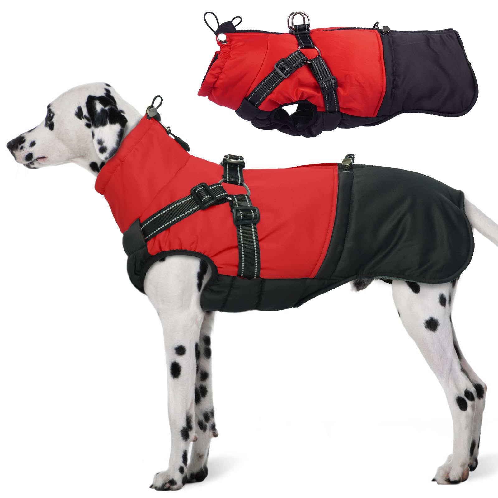 Piumino Cane Taglia Grande - Cappottino Cane Invernale Giacca con Cerniera Resistente all’Acqu Cappotto con Pettorina Giubbotto Cani Taglia Grande, Rosso XXL