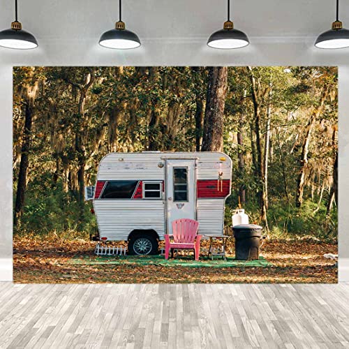Camp Party Camping Backdrop 7x5ft Sunny Forest Camper Trailer Nature Scenery Photography Background Studio Photo Prop RBJYYLU24