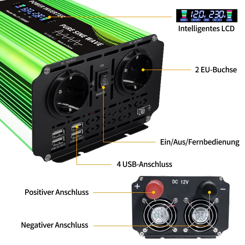 Yinleader Wechselrichter 2000W /4000W Spannungswandler Reine Sinuswelle 12V 230V mit 2 Eurosteckdosen und 4 USB Spannungsanzeige