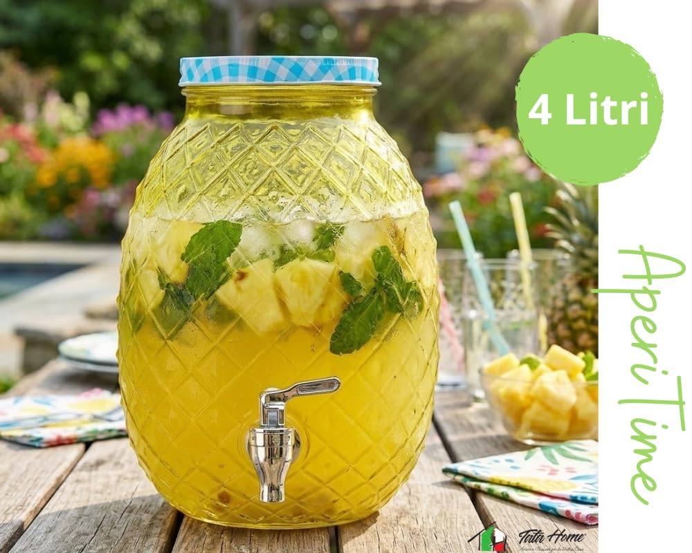 Dispenser Bevande in Vetro Con Rubinetto Contenitore Bevande Distributore Acqua Fredda Aromatizzata Erogatore Bevande Ghiacciate Aperitivo (Ananas)