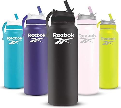 Reebok Lifestyle - Botella de agua de acero inoxidable  Botella de agua aislada de 32 onzas con popote  Botella de agua deportiva aislada al vacío