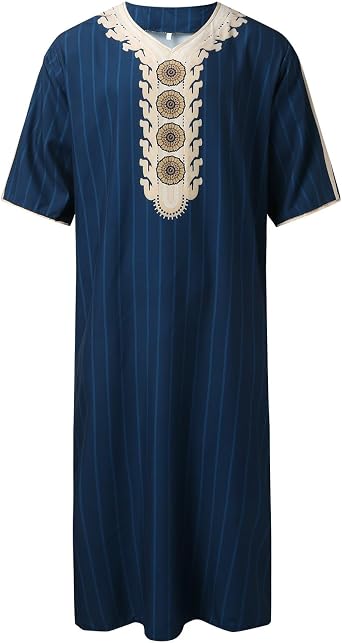 RTTUIOP Mens Muslim Clothes Lace Sleeves V-Neck Thobe Middle East Kaftan Saudi Arab Caftans Islamic Abaya Dress