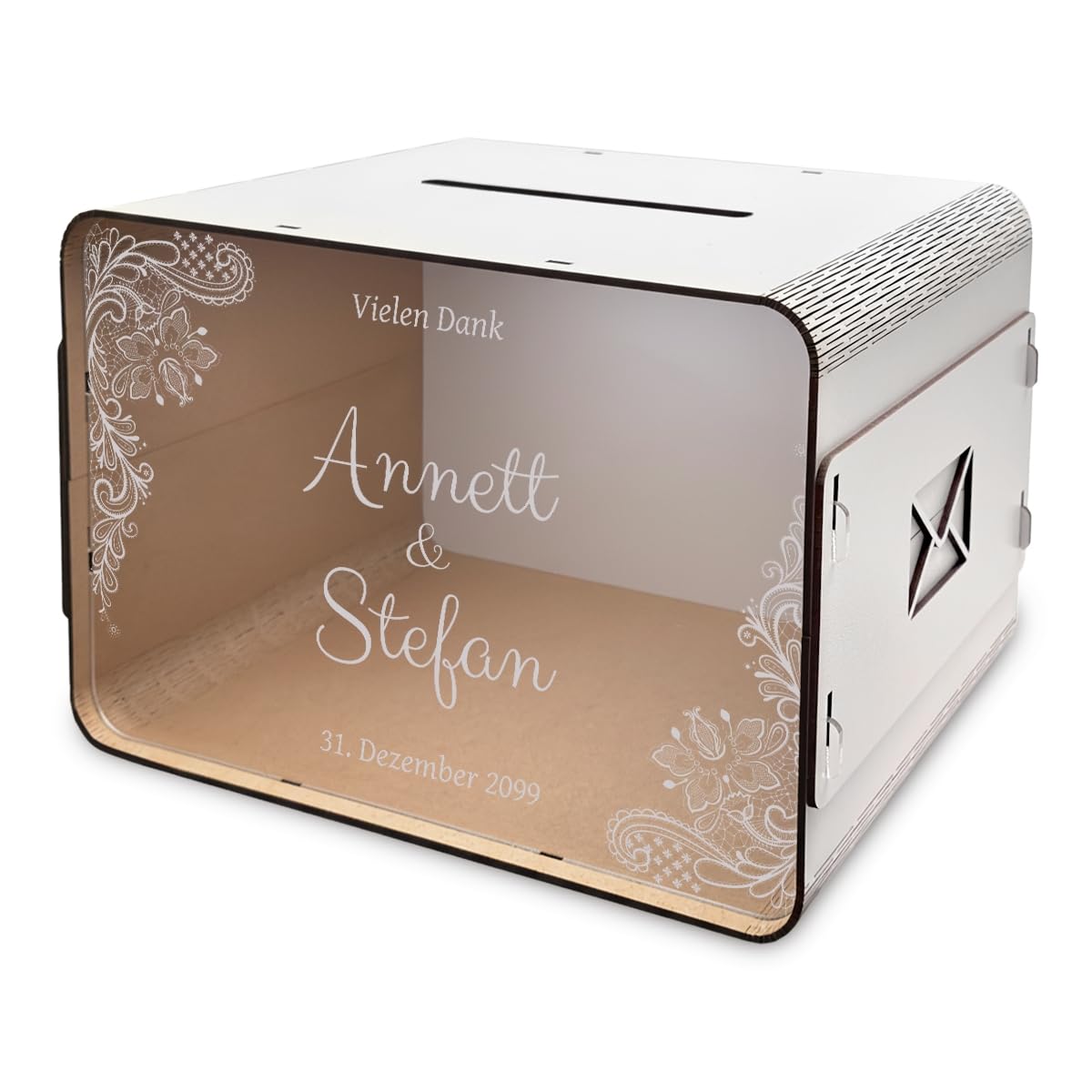 Kartenmachen.de Personalisierte Hochzeit Geschenkkartenbox Rustikal mit Lasergravur Weiß, 34x22cm Groß, Stecksystem, HDF und Acrylglas, Vorderseite transparent