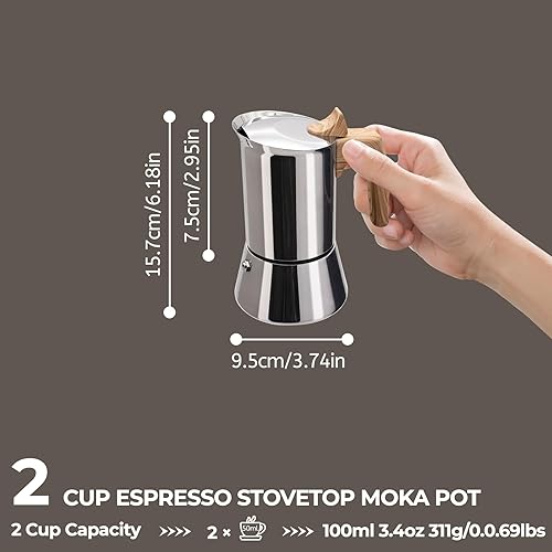 Miniatura 2 de Cafetera Moka Pot 304 sin recubrimiento de acero inoxidable grueso para estufa, cafetera de café expreso, estilo clásico italiano, Greca, Café,