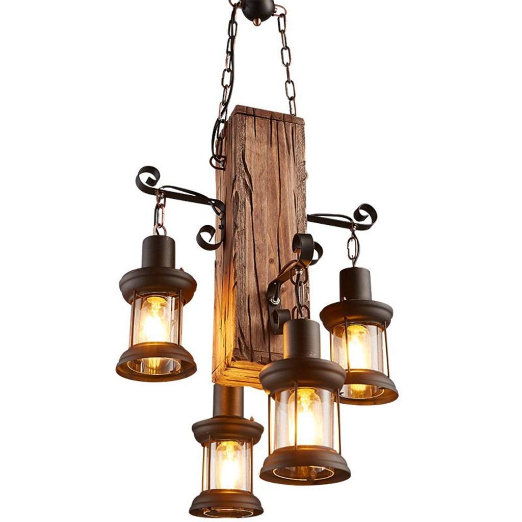 LYMSXAZOU Industrial Vintage Wood Chandelier - Retro 4-Light Suspension Lamp with Glass Shades for Home & Restaurant Decoration(4*e27)