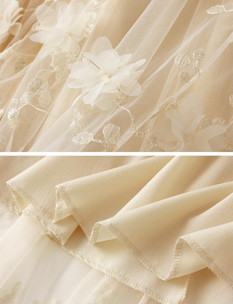 Womens Floral Midi Skirt High Waisted A Line Cute Layered Fairy Mesh Tulle Pleated Skirt - Image 3