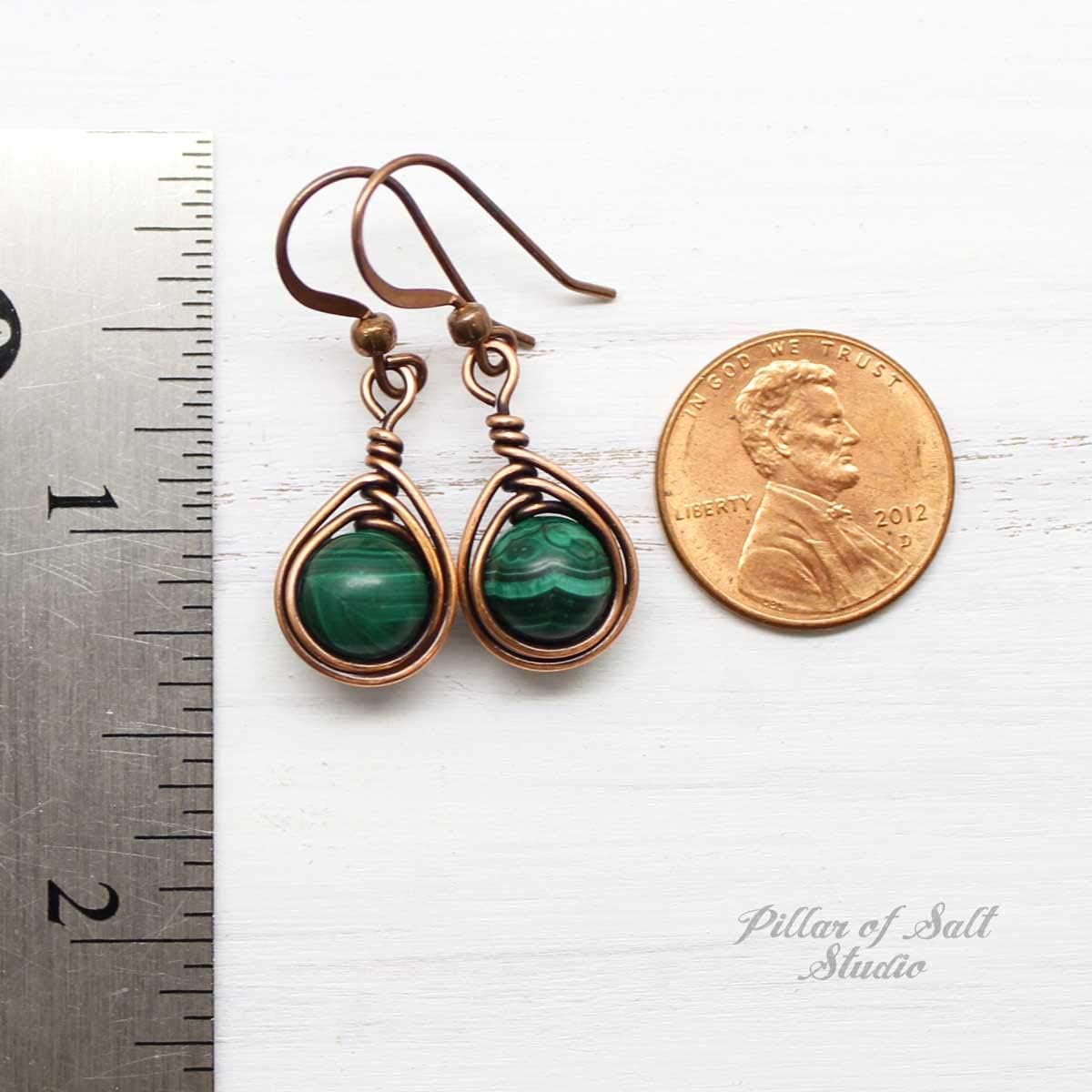 Pillar of Salt Studio Handcrafted Solid Copper Earrings with Genuine Malachite Gemstone (Antiqued Copper, 3/4" drop) - Image 5