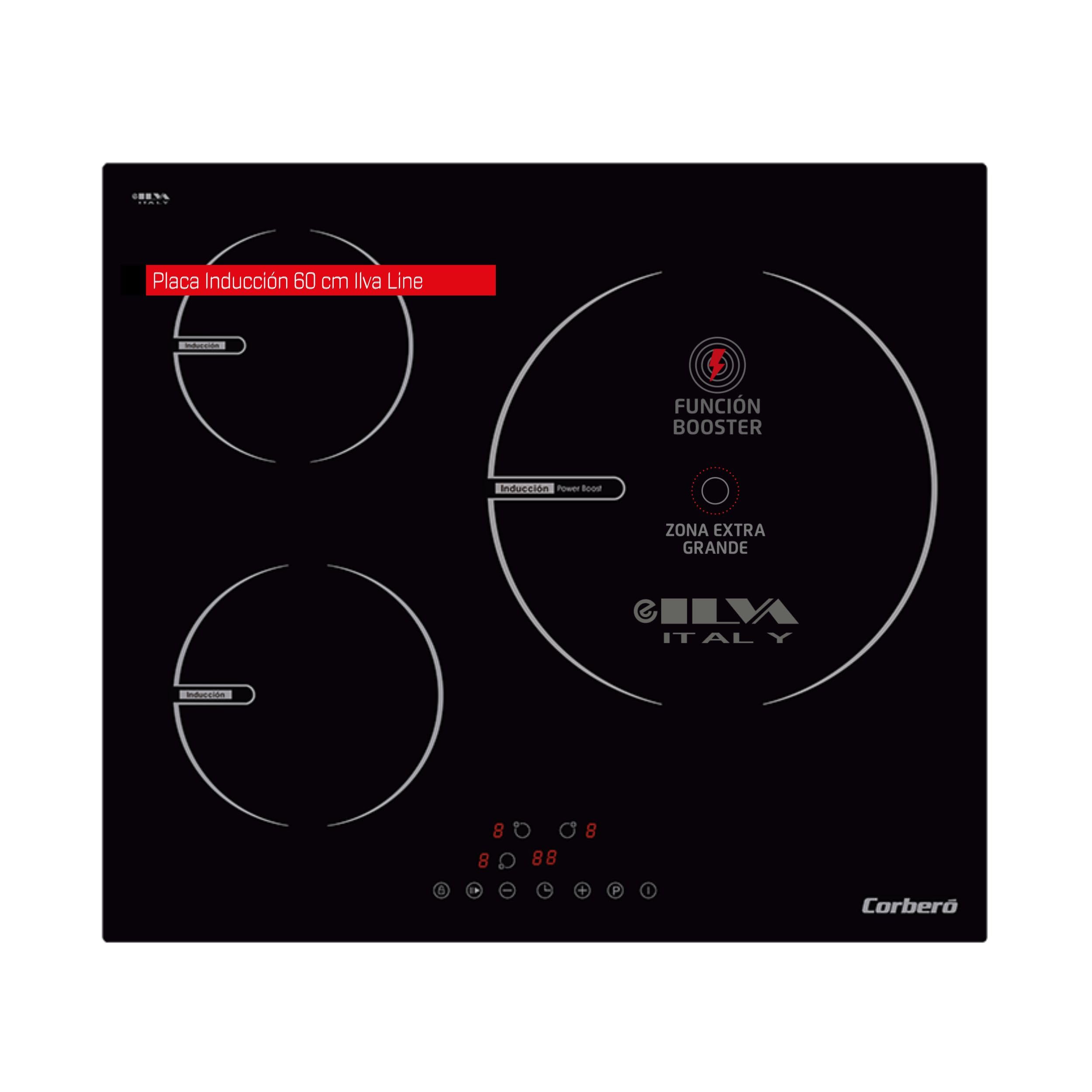 Corberó - Encimera de Inducción CCIG9322 | 3 Zonas | Potencia 6000W | Touch Control | 1 Booster | Zona Grande 30cm | Placa con Temporizador 99 Min | Desconexión y Bloqueo de Seguridad | Negro, Vidrio