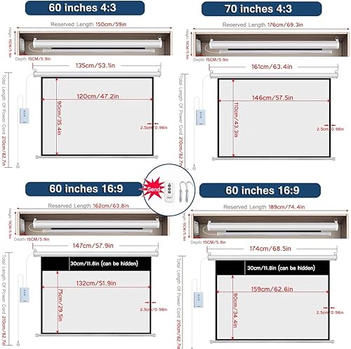 Miniatura 7 de Pantallas de película HD 43 169 de 60 pulgadas y 72 pulgadas, pantalla de proyección motorizada antiarrugas con control remoto, pantalla de