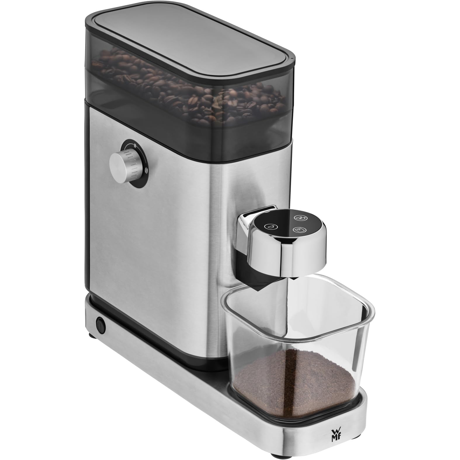 WMF Lumero elektryczny młynek do espresso 150 W, przyciski dotykowe LED, 40 stopni mielenia, pojemnik na kawę, stal nierdzewna Cromargan matowa