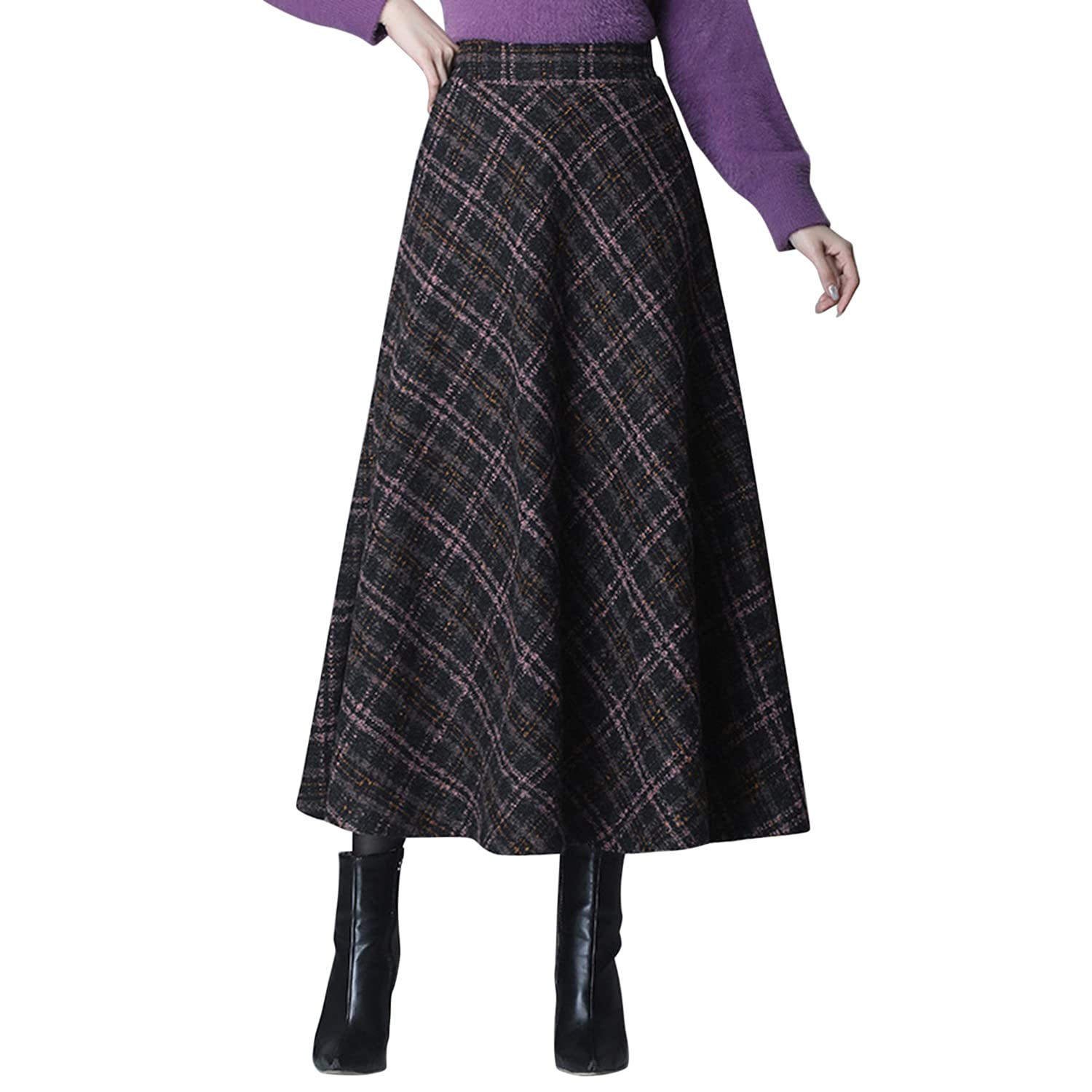 StarTreene Womens Winter Woolen High Waist Maxi Skirts Plaid Pleated A-Line Swing Long Skirt with Pockets Brown