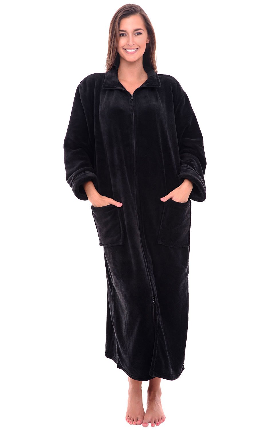Photo 1 of Alexander Del Rossa Long Zip Up Robes, Plush Zipper Robes Plus Size, Housecoats Zipper Front Black Medium (A0300BLKMD)