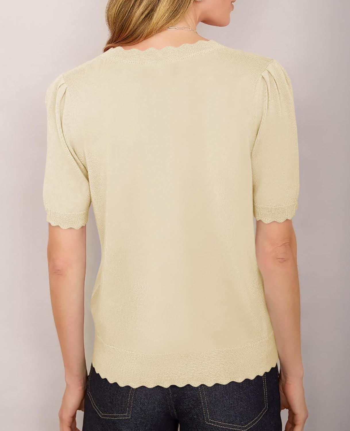 Saodimallsu Womens Puff Short Sleeve Cardigans Lightweight Button Down Shirts Crew Neck Casual Knit Sweater Tops - Image 6