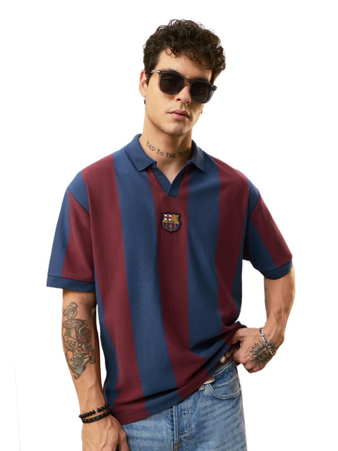 the souled store FCB: Champions Men and Boys Short Sleeve Polo Neck Navy Blue and Maroon Stripes Cotton Casual Drop Shoulder Lightweight Trendy Oversized Polos-picture-26