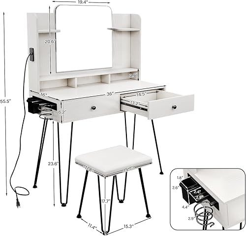 Miniatura 6 de TC-HOMENY Tocador de maquillaje con estación de carga, escritorio de tocador con 2 cajones y espejo, estantes de almacenamiento de escritorio