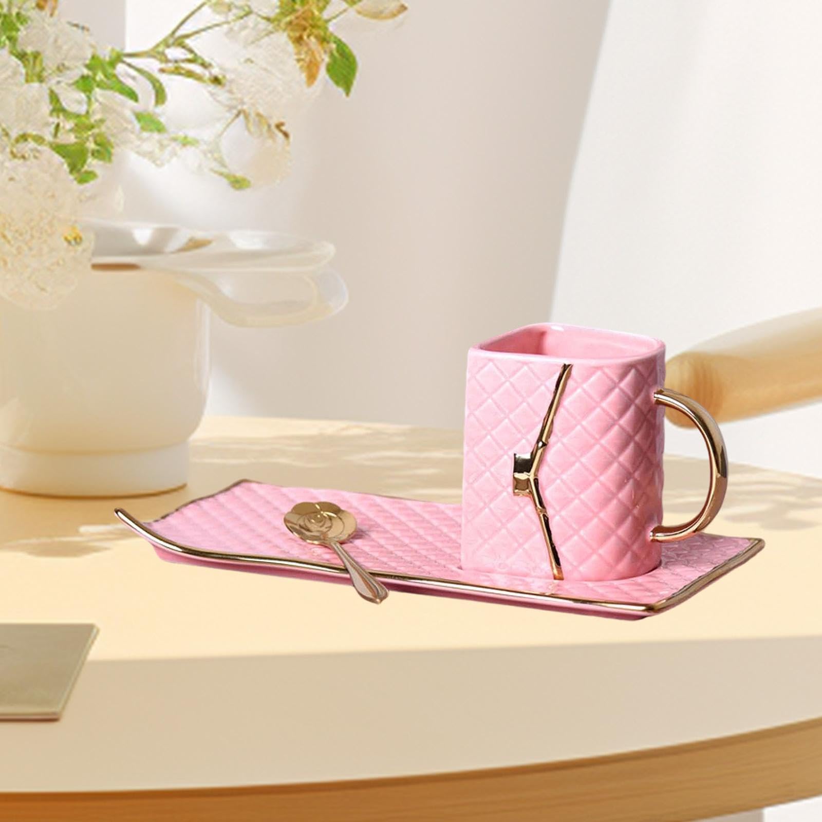 Tazza da con Manico Tazza Ceramica Riutilizzabile con Design E Cucchiaio per Colazione Bevande Calde E Fredde Adatta a, Rosa