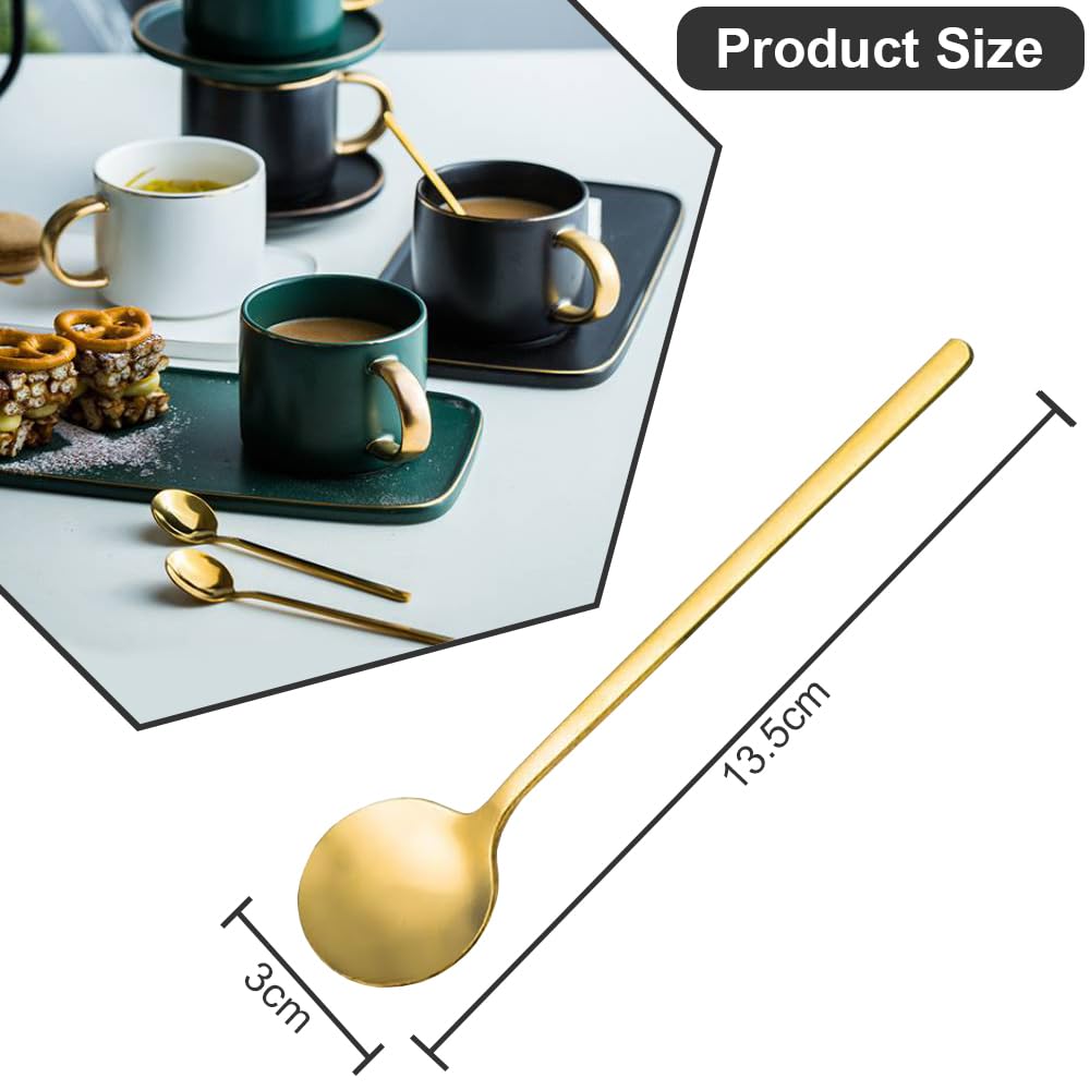 Monovatives Espresso Gold Plated Small Coffee Spoons with Long Handle for Stirring, Stainless Steel Long Handle coffee Spoon Pack of 8 for Tea Coffee Dessert Cake Ice Cream Soup Cappuccino, 5.3 inch