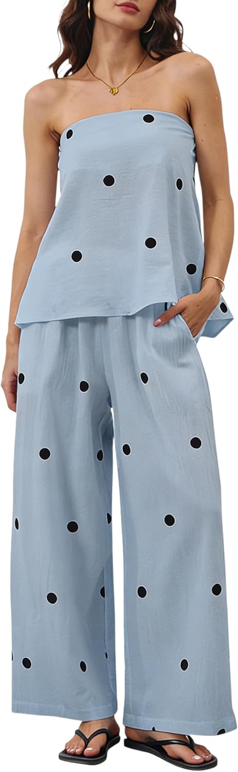 MSBESYOR Women 2 Piece Polka Dot Tube Top Set Strapless Bandeau Blouse Wide Leg Spot Print Pants Outfits Summer Lounge Sets