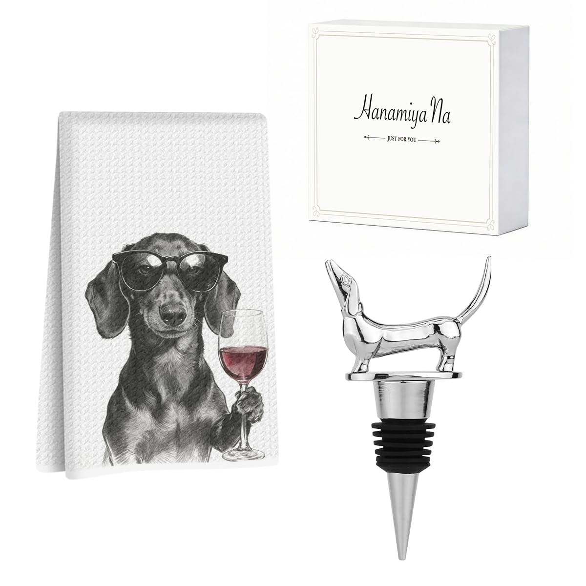 Funny Dachshund Wine Kitchen Towels with Wine Bottle Stopper 24x14 Inch2