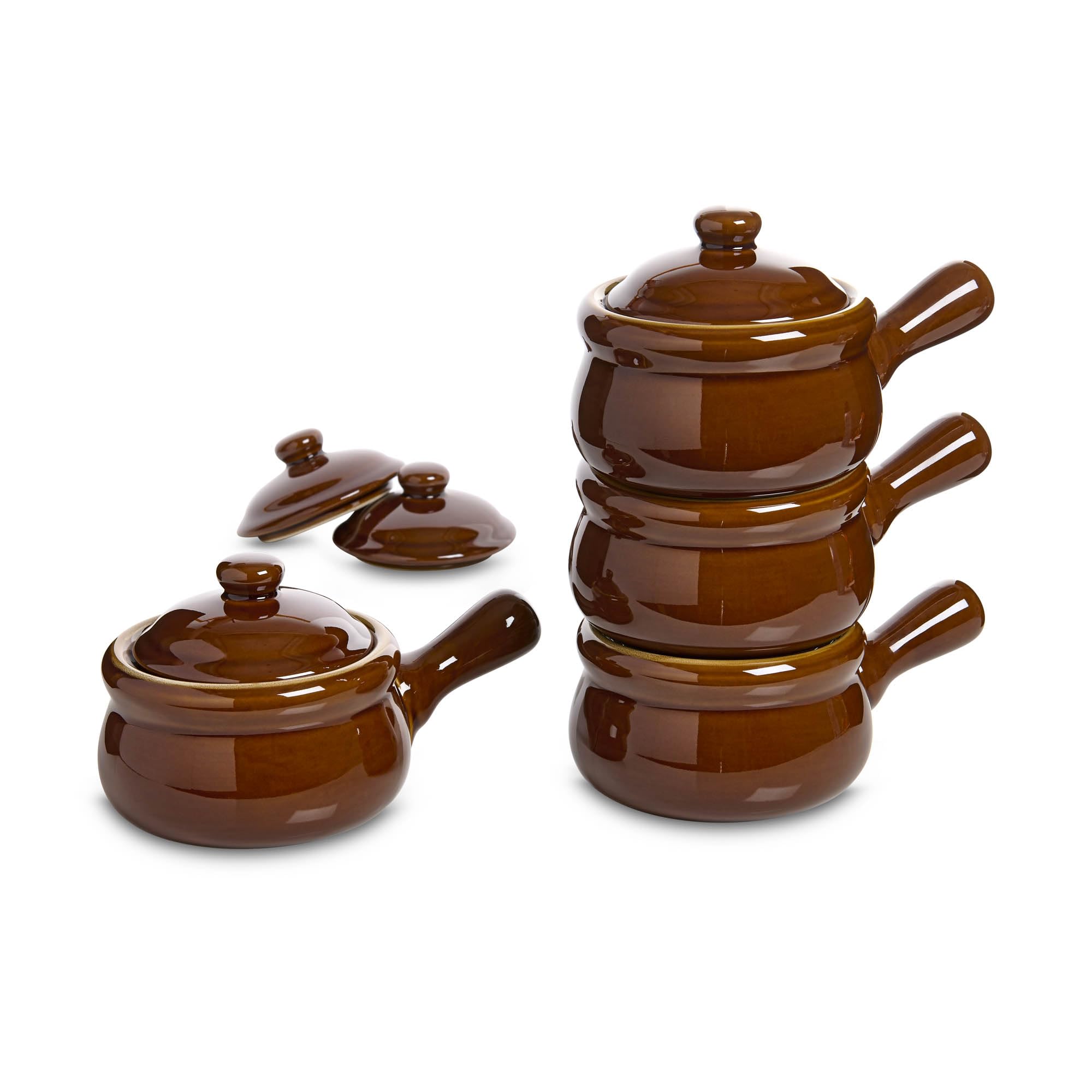 HIC Kitchen French Onion Soup Crocks with Handles and Lids, Ceramic Stoneware, Brown, 14-Ounce, Set of 4