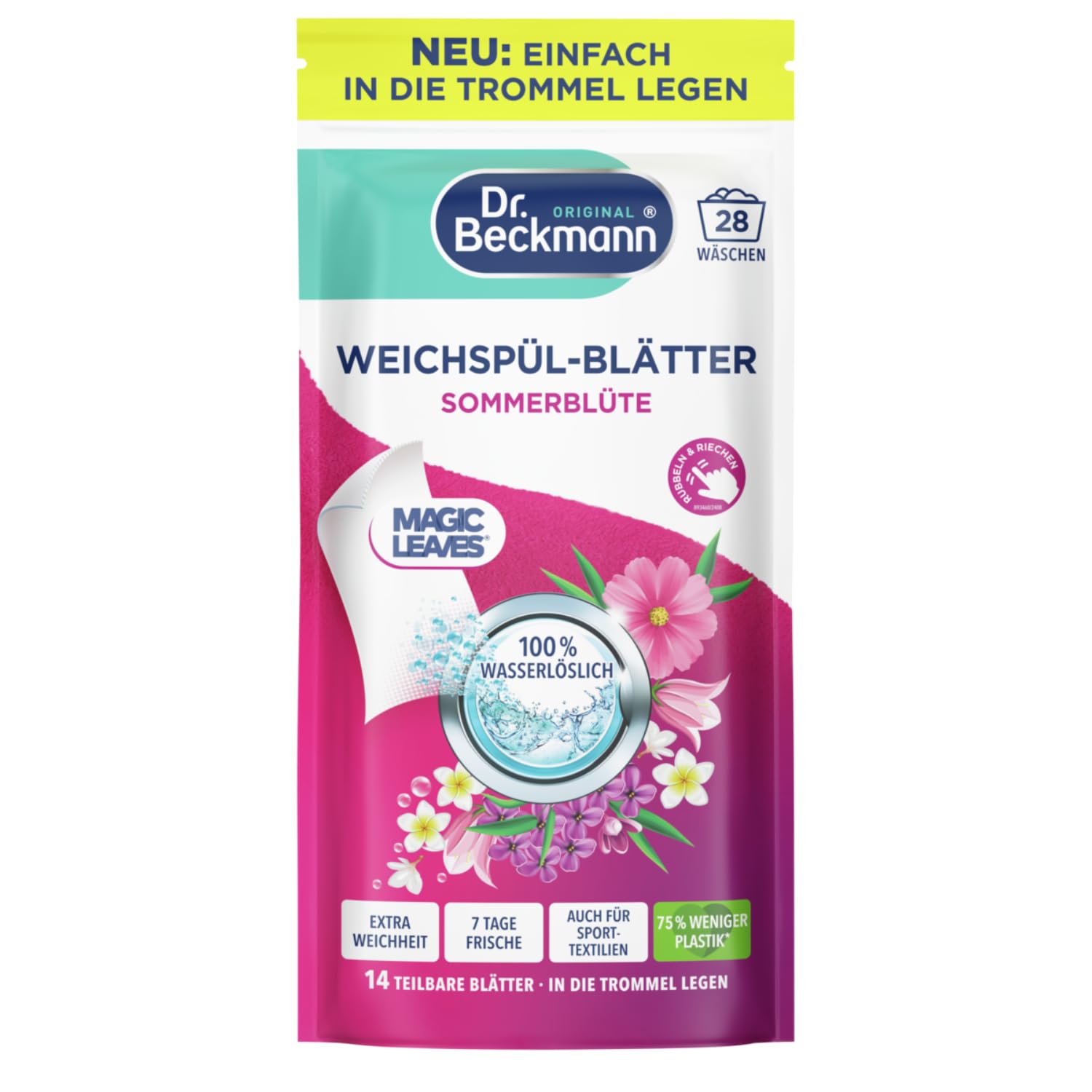 Dr. Beckmann Weichspül-Blätter Sommerblüte – 14 Blätter | Ultra-kompakt, 0 % Rückstände, Duftaktiv bei Berührung, bis zu 7 Tage Frische, ideal für Sportwäsche & Handtücher
