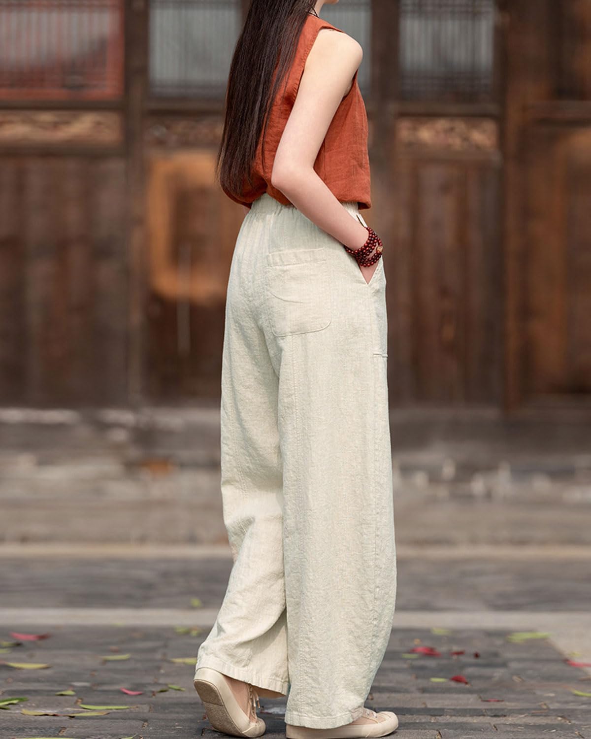 IXIMO Women's Linen Wide Leg Pants Casual Elastic Waist Loose Lantern Trousers Front Pockets - Image 6