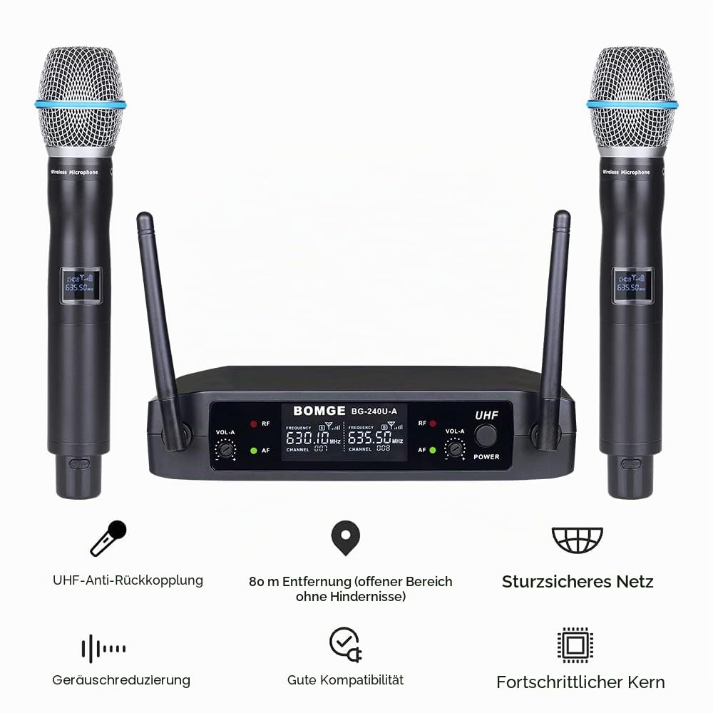 BOMGE UHF Metall Dual Handheld Wireless Mikrofone & Systeme für Karaoke, Gesang, Meeting, Party, Kirche, DJ, Hochzeit, 240U