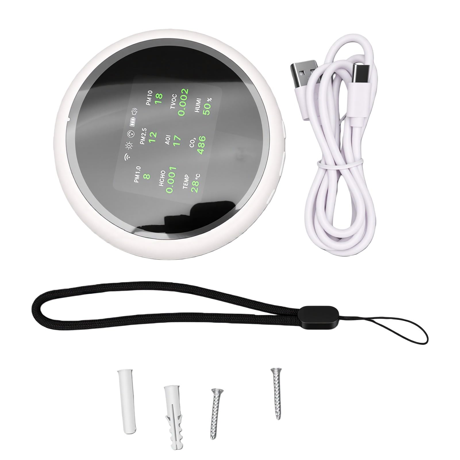 Zunate Moniteur Intelligent de qualité de l'air Intérieur CO2 PM2,5 PM10 TVOC HCHO avec Affichage de la Température et de l'humidité, Testeur de qualité de 'air Rond Blanc pour le Bureau à Domicile