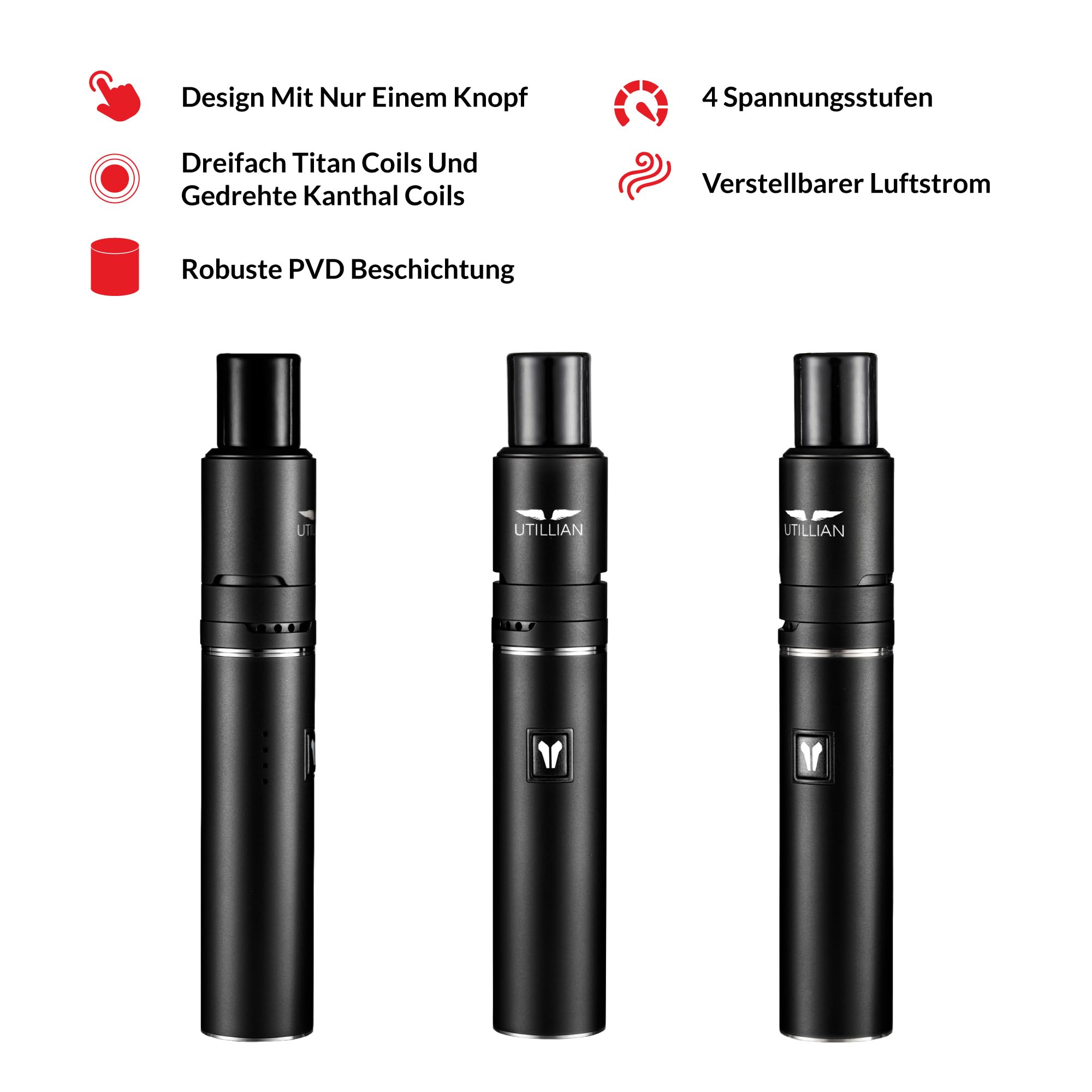 Utillian 5 V4 Wax Pen | Konzentrat Vaporizer mit 2 Spulen | 4 Spannungseinstellungen | Integriertes Dab-Tool | Einstellbarer Luftstrom | 1500-mAh| USB-C Aufladen (Schwarz)