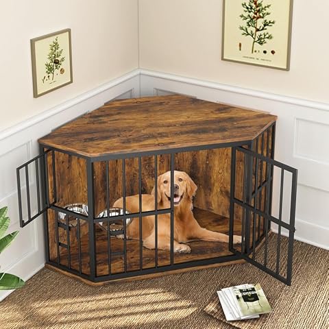 ROOMTEC 53 inch Furniture Dog Crate Corner, Dog Kennel Corner Wooden End Table with Bowl, Indoor Pet Crates Corner Side Table for Dogs, Wide Top Perfect for Limited Room Cover