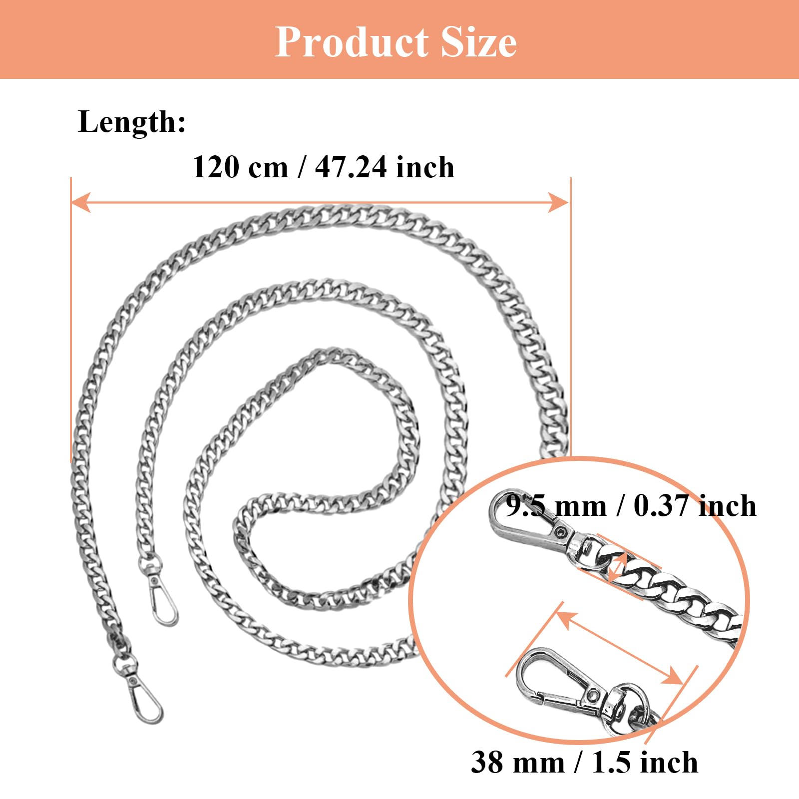 Cadena Bolso Plata120 cm, Correa de Cadena Plata para Bolso, Cadena de Repuesto para Bolso Correa de Cadena Bolso Bandolera de Aluminio para DIY Bolso de Hombro Fabricación de Monederos