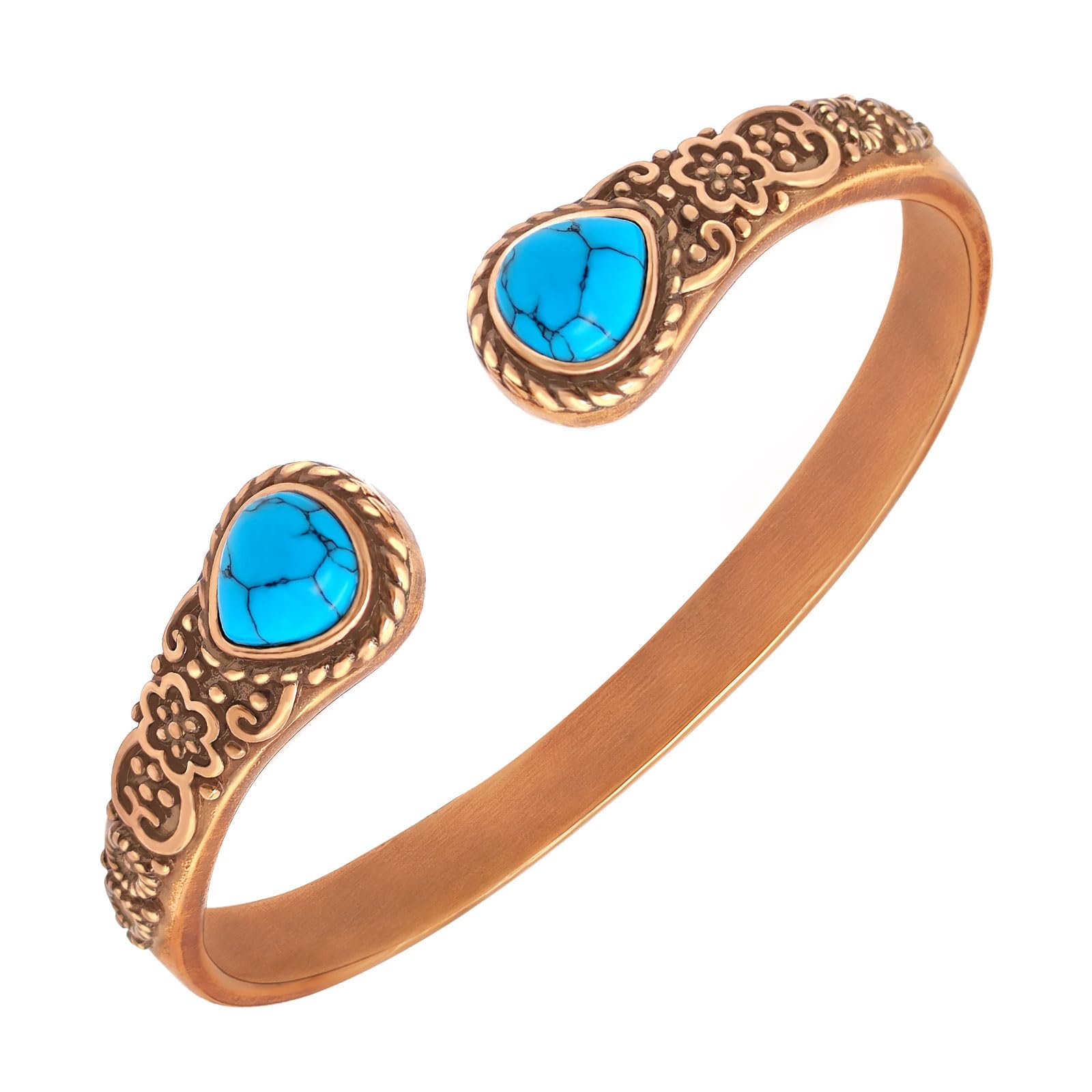 JEROOT Pulsera de cobre puro para mujer, pulsera magnética con 6 potentes imanes, flor vintage de cobre con 2 perlas de cornalina