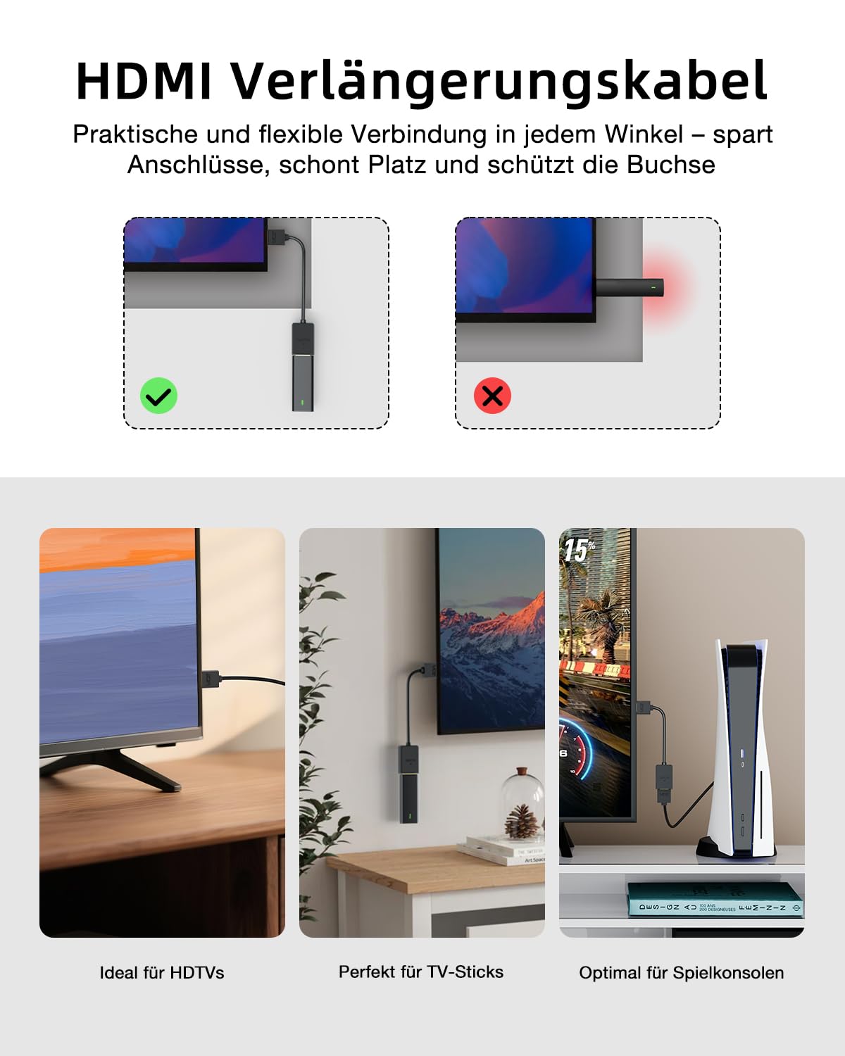 VCE Hochgeschwindigkeits HDMI Verlängerungskabel, Hdmi Verlängerung Extension TV Stick Adapterkabel, 14cm, 2 stück