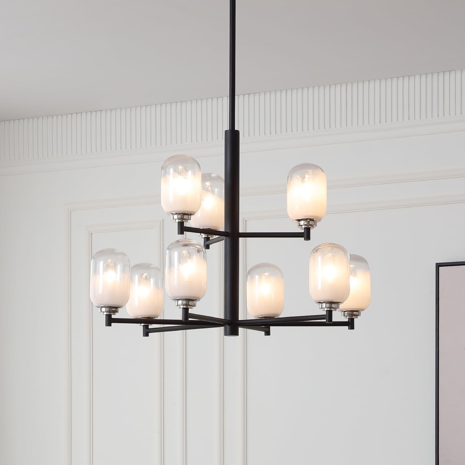 Seren 9-Light Matte Black Chandelier with Handmade Glass Shades – Round Modern Style Pendant Chandelier Light with Rotatable Arms, Adjustable Hanging Length, Sloped Ceiling Adaptable