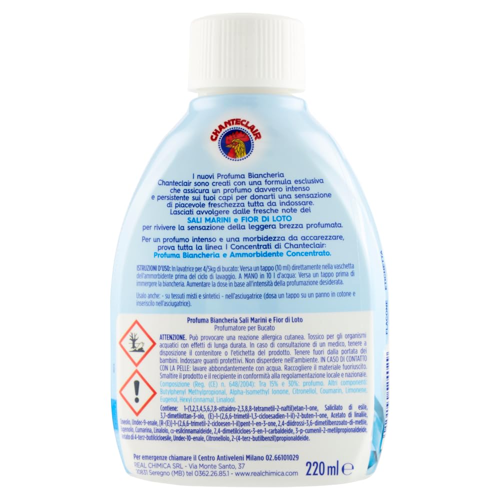 12 x Chanteclair I concentrato profumo per bucato – Profumi per vestiti sale marino e fiori di loto – deodorante per bucato 220 ml + portachiavi Beni Culinari