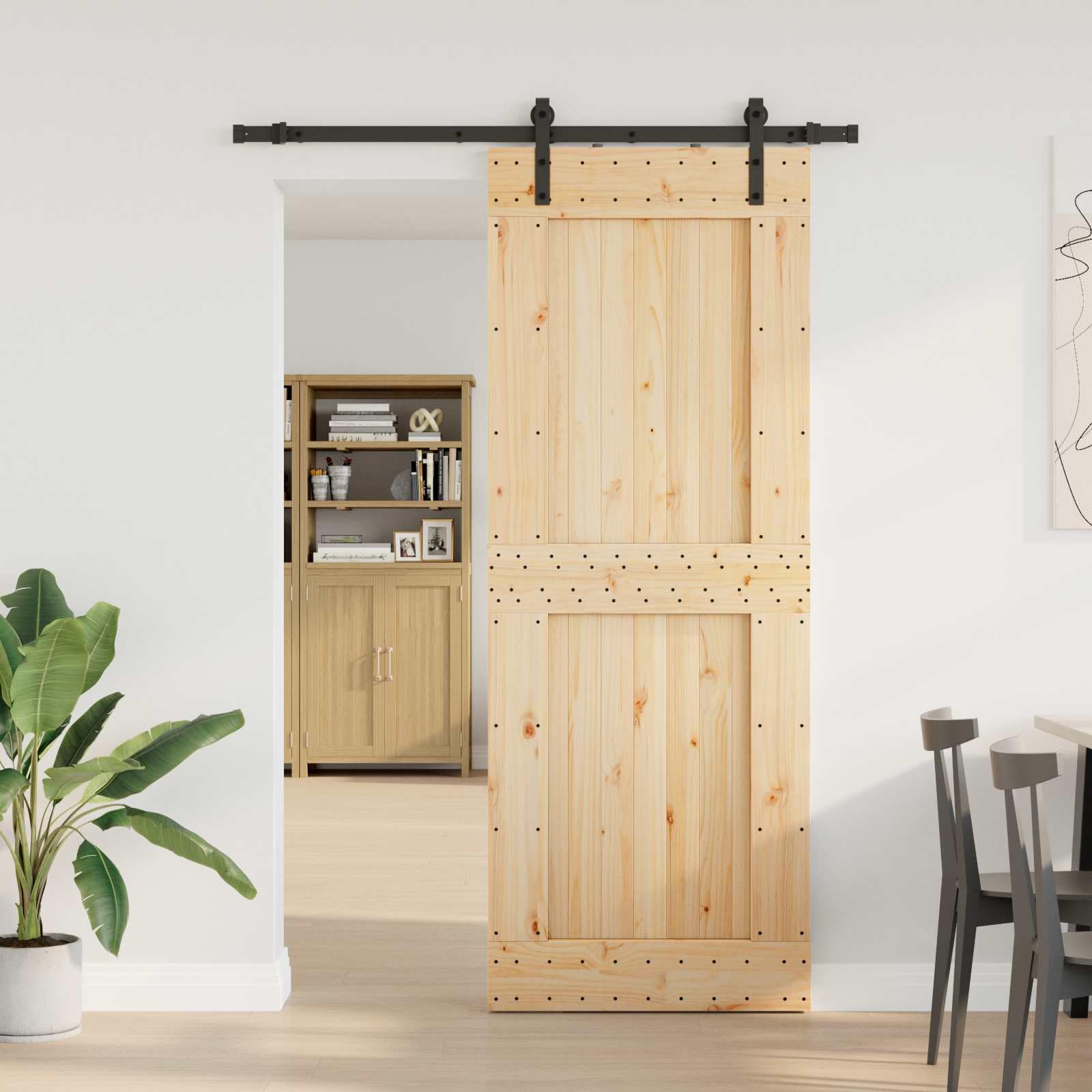 NARVIK - Porta scorrevole in legno di pino massiccio, 85 x 210 cm, con binario in acciaio nero, per interni