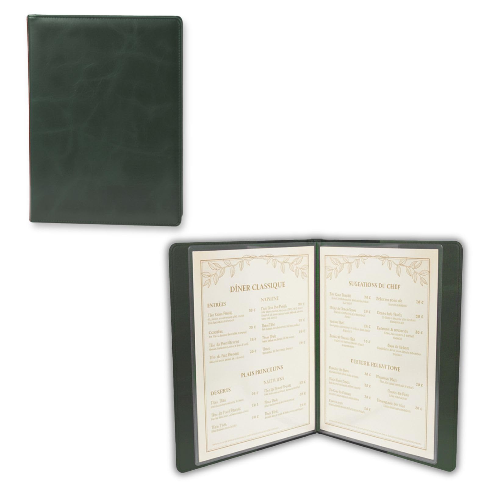 Premium Kunstleder Speisekartenhalter & Präsentationsmappe – A4 – 4 Seiten, 8 Ansichten, transparente Hüllen, abgerundete Ecken, ohne Logo (Smaragdgrün)