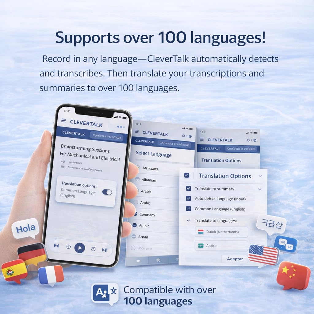 CleverTalk Q37 64GB Mini Grabadora de Voz con IA, Transcripcion Automatica y Traduccion 100+ Idiomas, Activacion por Voz, Reduccion Ruido HD, Configuracion por App, Compatible Android iPhone Mac PC