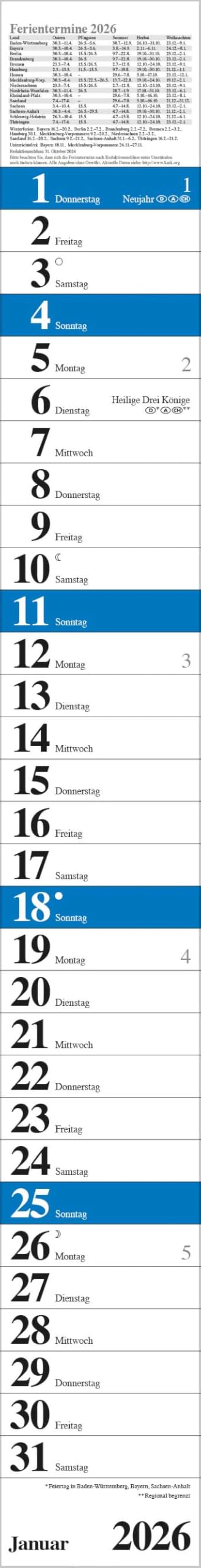 Streifenplaner Praktika Blau 2026: Streifenkalender mit Datumsschieber, Ferienterminen und Spiralbindung schmal 11,4 x 89 cm