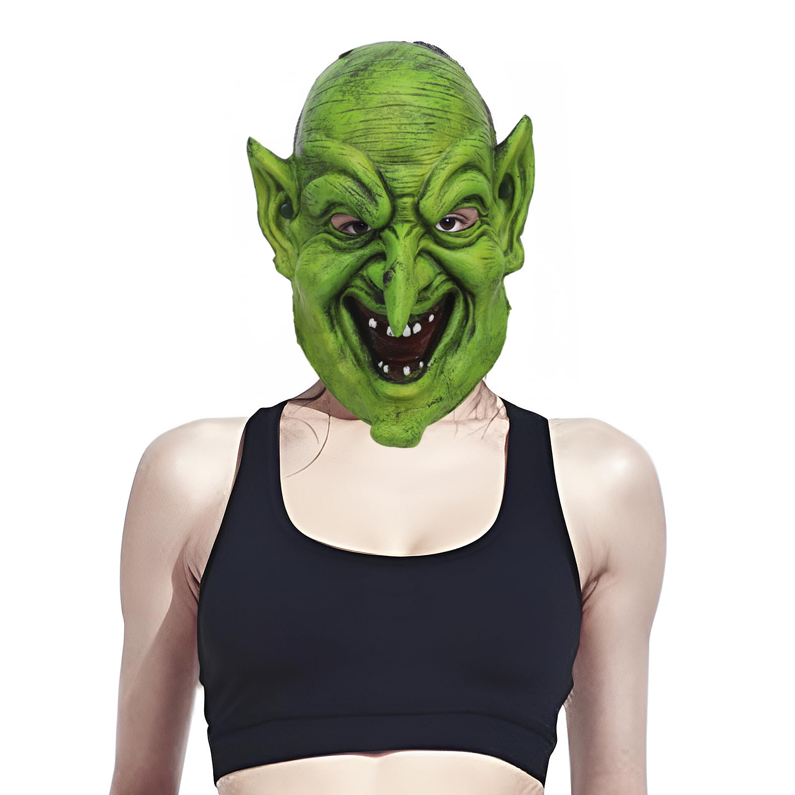 Scary Witch Mask with Elastic Band Green Face Goblin Elf Ears Cosplay Fancy Costume Mask Horror Halloween Masks for Women Men Long Face Witch Mask Carnival Dress Up Themed Party Prank Stage Props - Image 4
