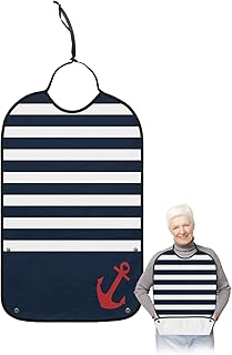 Kewadony Adult Bibs for Elderly Women - Navy Blue Striped Waterproof Dining Clothing Protectors with Crumb Catcher for Eating/Feeding, Red Anchor Summer Seaside Terry Cloth Bib Machine Washable