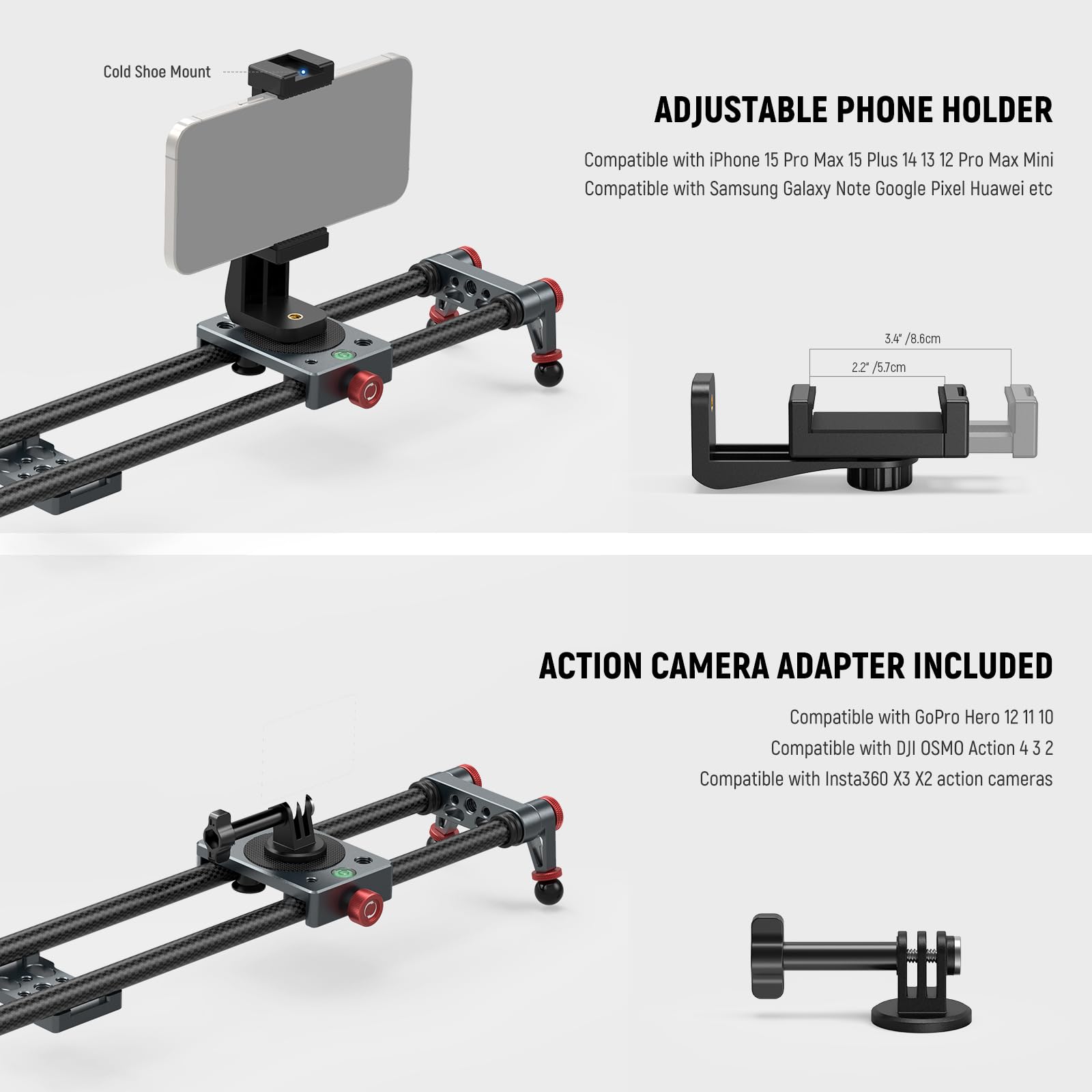 NEEWER - Deslizador de cámara de Fibra de Carbono, 60 cm con rótula de 360 °/Pinza para teléfono/Soporte de cámara de acción, Carril Dolly Rail con 4 rodamientos y pie, Compatible con GoPro Insta360