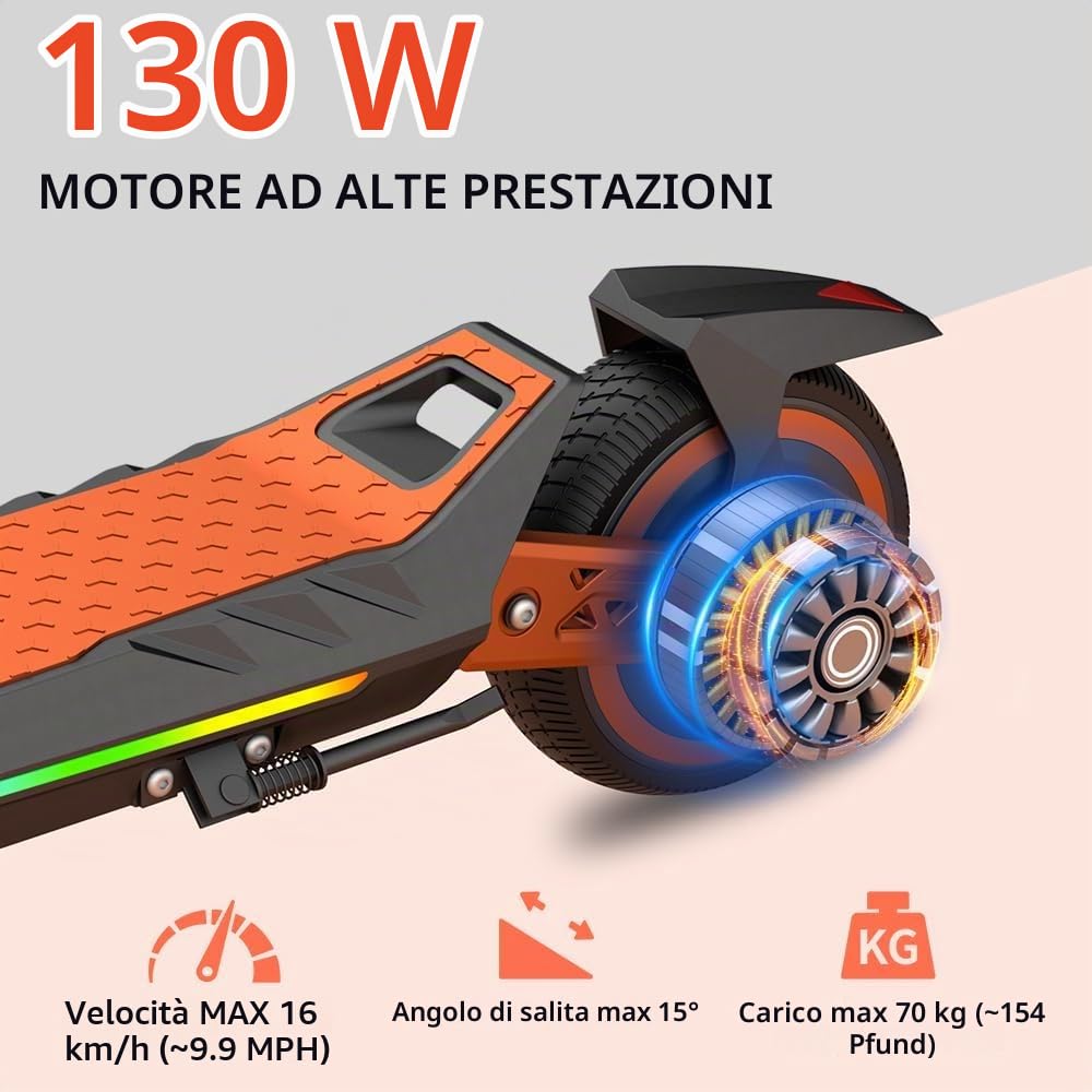Monopattino Elettrico per Ragazzi U8 Fuoristrada - Doppia Sospensione - 16km/h Max, 10km Autonomia - Pieghevole e Leggero (6.7kg) - Motore 110W - Per Bambini 8-16 Anni (Arancio)